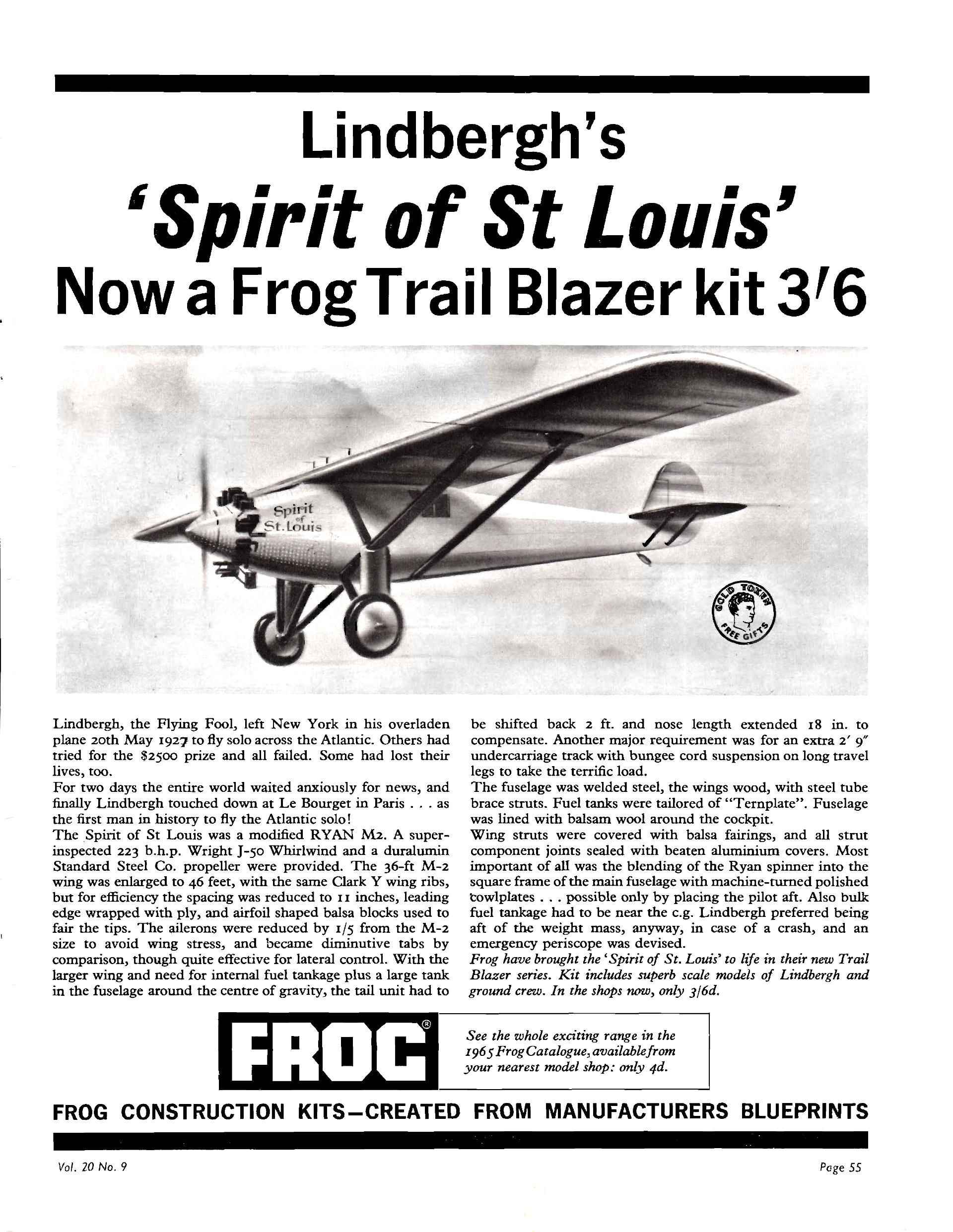 FROG, The Trailblazers F166, Ryan Spirit of St Louis, рекламный анонс в журнале Flying Review, 1965-05